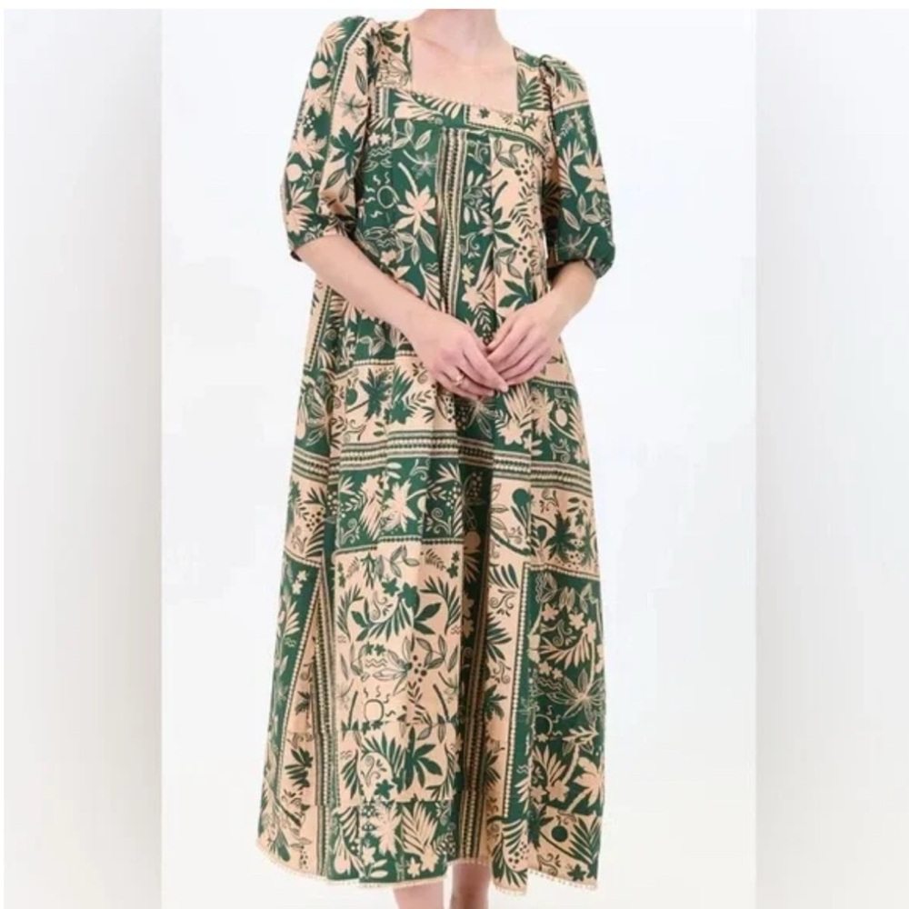 HUNTER BELL Green & Cream Floral Square-Neck Maxi Dress